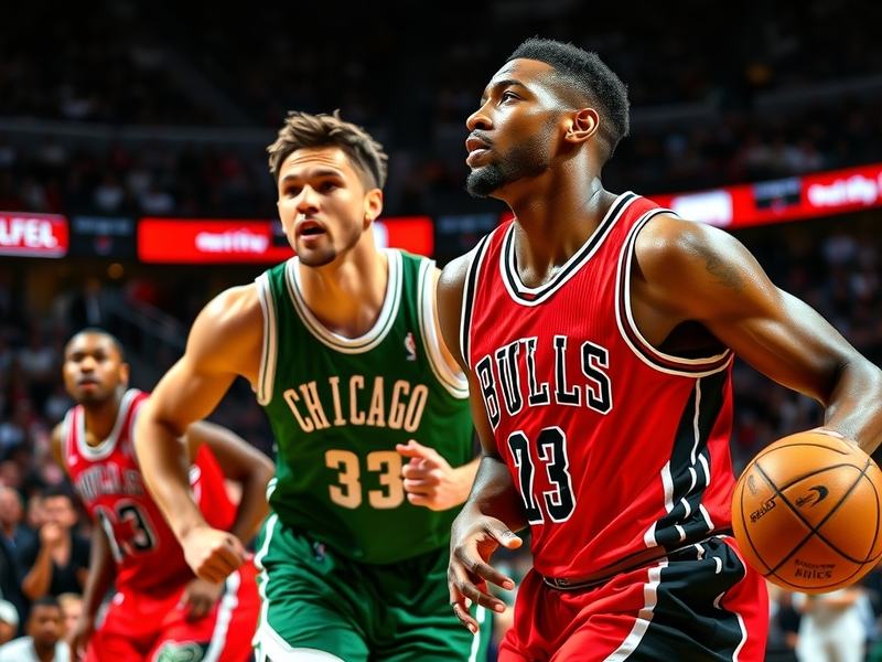 An action shot from the Chicago Bulls vs. Milwaukee Bucks game, featuring players in motion, the intensity of the match, and