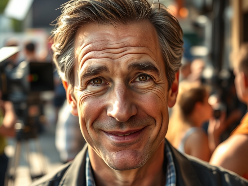 A portrait of Dermot Mulroney on a film set, showcasing his charismatic smile and relaxed demeanor, with film equipment in th