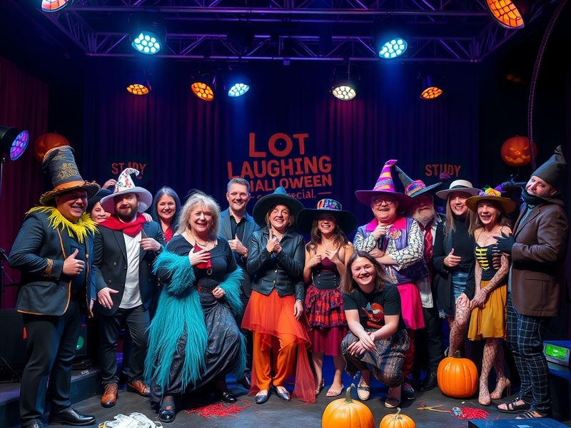 A vibrant Halloween-themed set with decorations like cobwebs and pumpkins, showcasing comedians in costumes, creating a livel