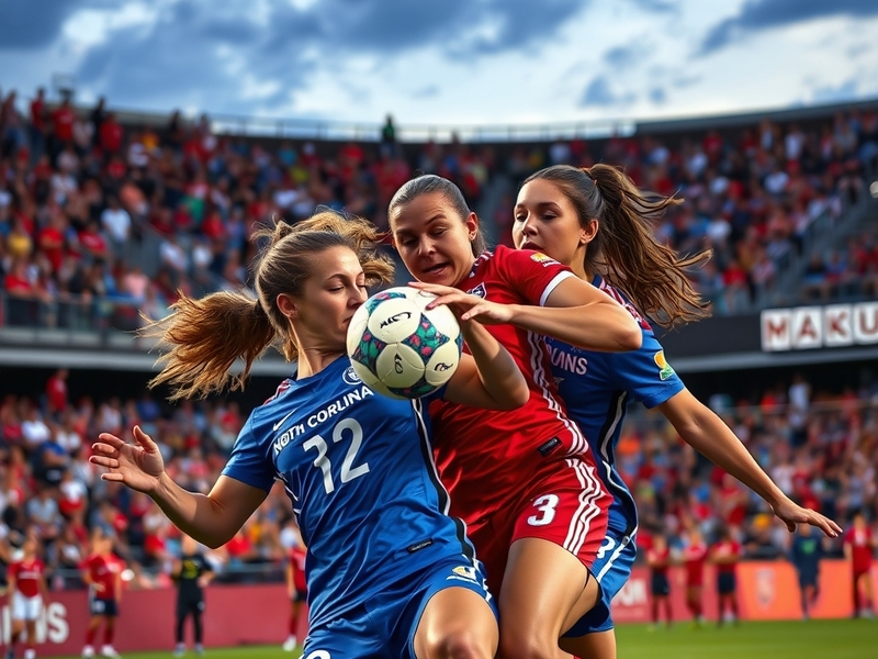 An action shot of a North Carolina Courage vs Portland Thorns match, showcasing players in dynamic poses, with a vibrant stad