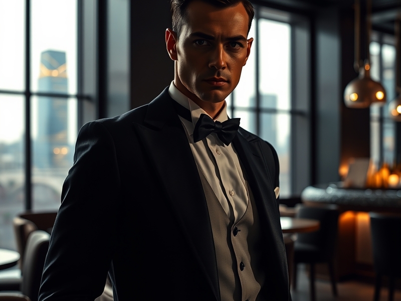 A dramatic image of a tuxedo-clad man holding a gun, set against a backdrop of a sleek Aston Martin and a city skyline at nig