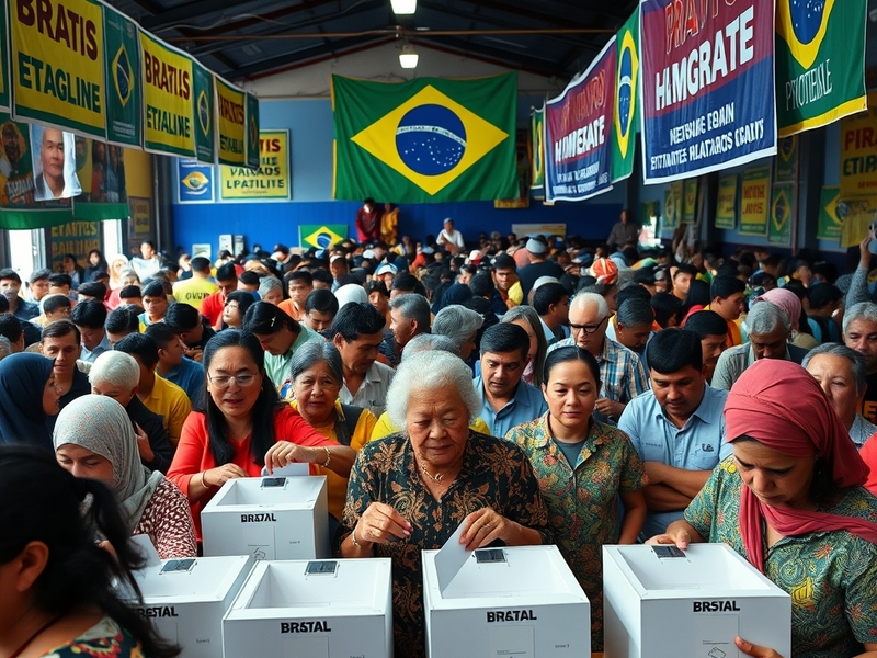 A vibrant image depicting a bustling Brazilian polling station, with voters casting their ballots and colorful campaign poste