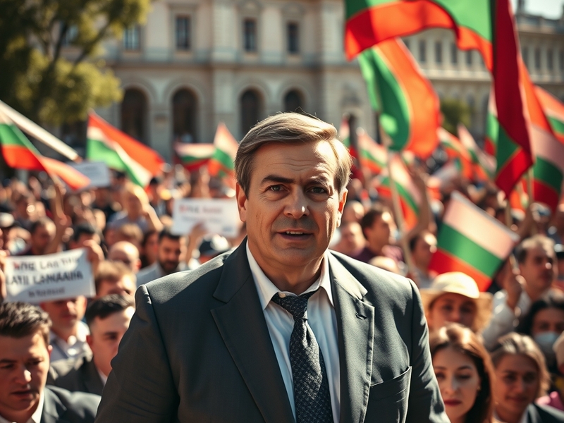 A striking image of Slavi Binev at a political rally, engaging with the audience, showcasing his charismatic personality and