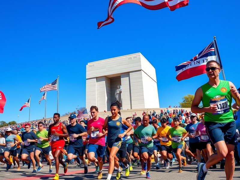 A vibrant scene of runners crossing the finish line at the Marine Corps Marathon, with the Marine Corps War Memorial in the b