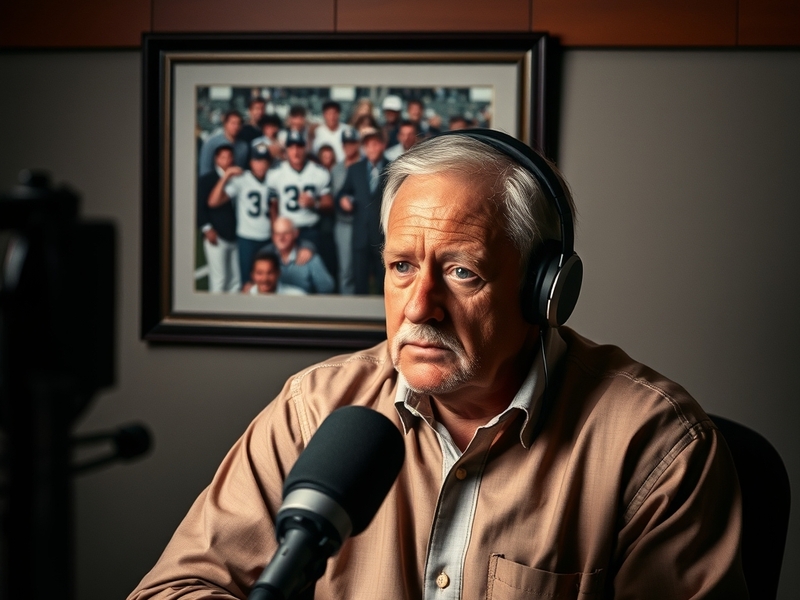 A heartfelt tribute image featuring Dan Davis on air, surrounded by sports memorabilia, showcasing his passion for broadcasti