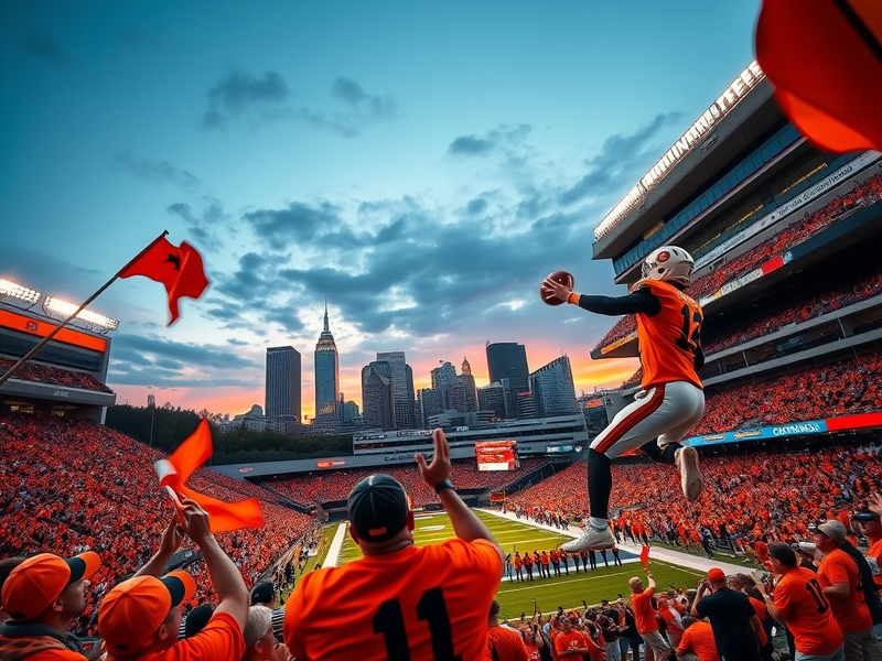 A vibrant game day scene in Cincinnati, showcasing enthusiastic fans wearing Bengals gear, with the city skyline in the backg