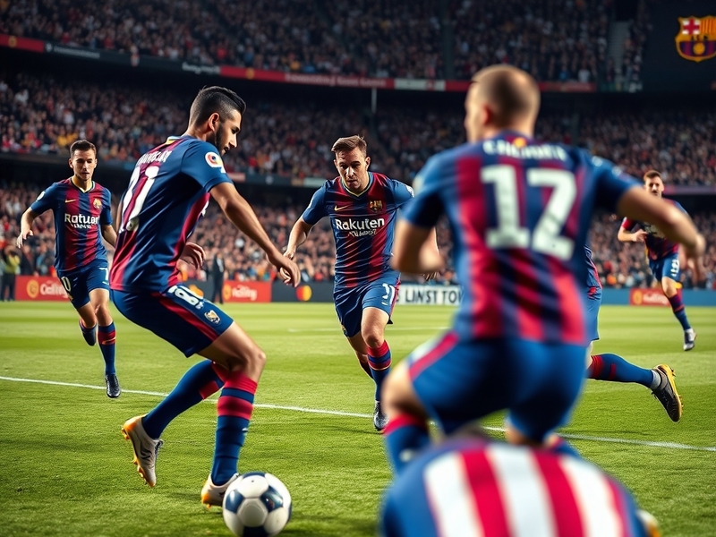 An action-packed scene from a match between Barcelona and Granada CF, showcasing players in dynamic poses, the vibrant crowd,