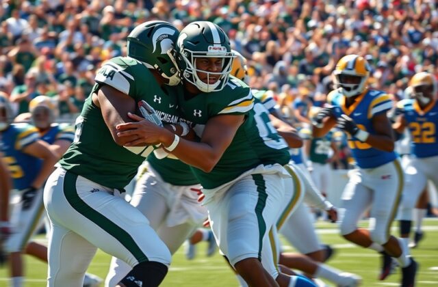 An action shot of MI State and UCLA players in an intense football game setting, showcasing athleticism and competitive spiri
