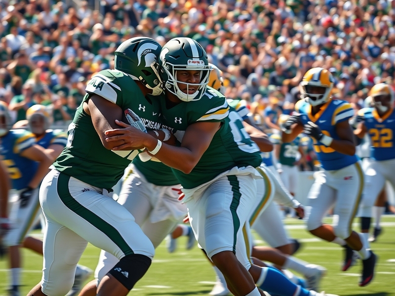 An action shot of MI State and UCLA players in an intense football game setting, showcasing athleticism and competitive spiri
