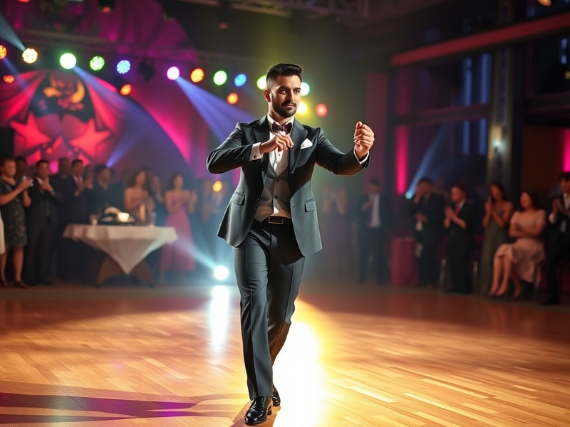 An energetic dance performance by Shaun Strictly, showcasing his dynamic movement and charisma on stage, set against a vibran