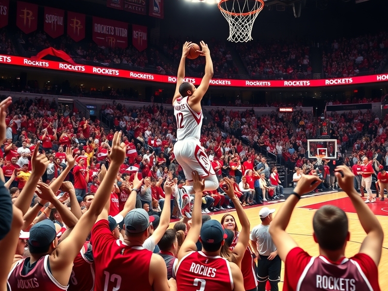 A vibrant scene from a Rockets game, showcasing enthusiastic fans in the stands, the team in action on the court, and colorfu