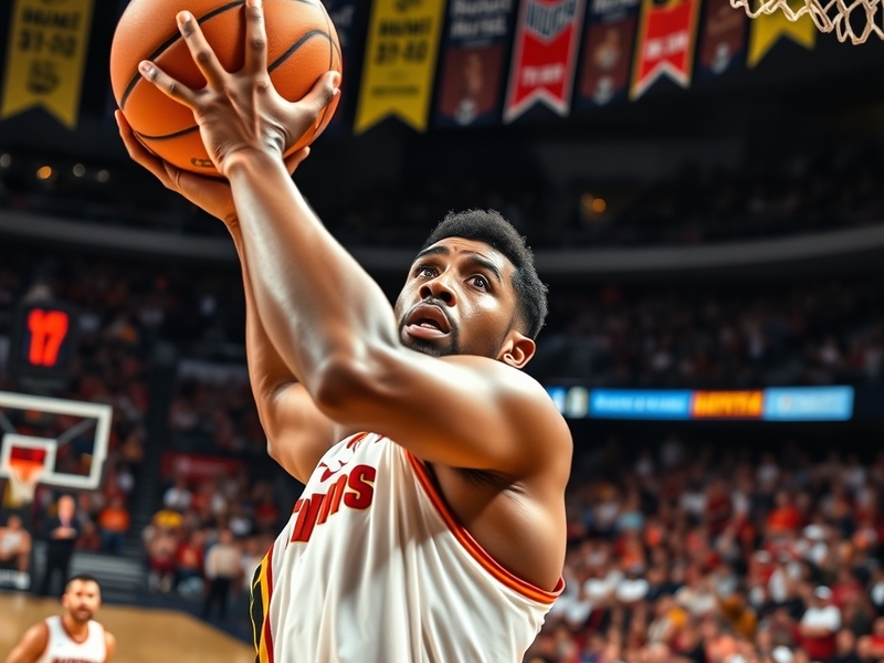 A dynamic action shot of Georges Niang on the basketball court, showcasing his shooting form and determination during a game.