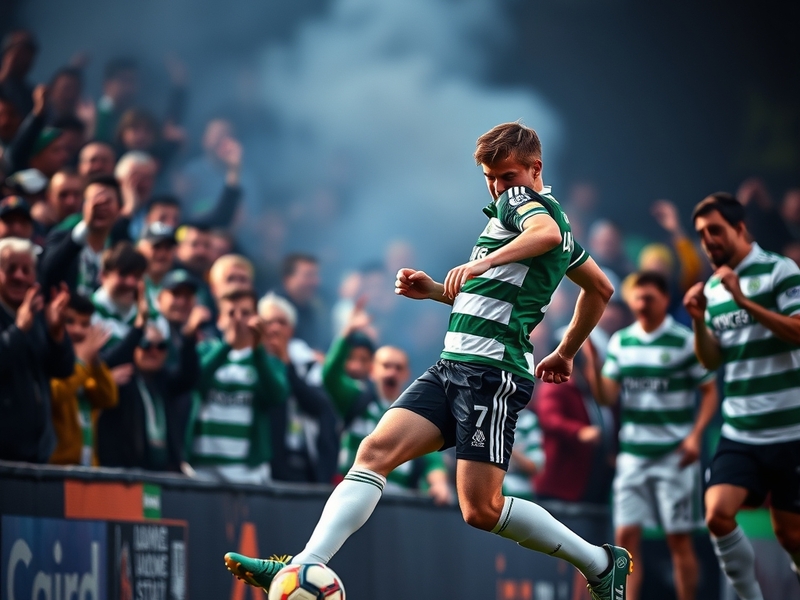 A vibrant football stadium filled with passionate fans, showcasing the intense atmosphere of a Hibs vs Celtic match, with pla