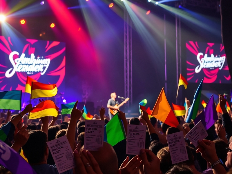 A vibrant concert scene featuring Sam Fender on stage, with an energetic crowd and colorful lights creating an electrifying a