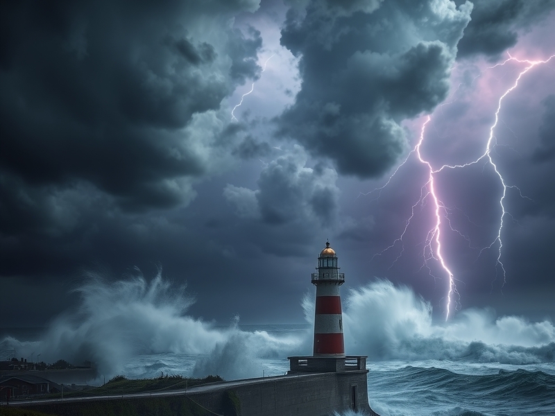 An image depicting a dark, swirling storm cloud over a coastal town, illustrating the intense nature of a Boelo Storm with om