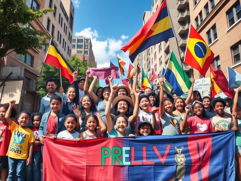 A vibrant cityscape showcasing diverse communities coming together in a park during a local festival, with colorful banners a