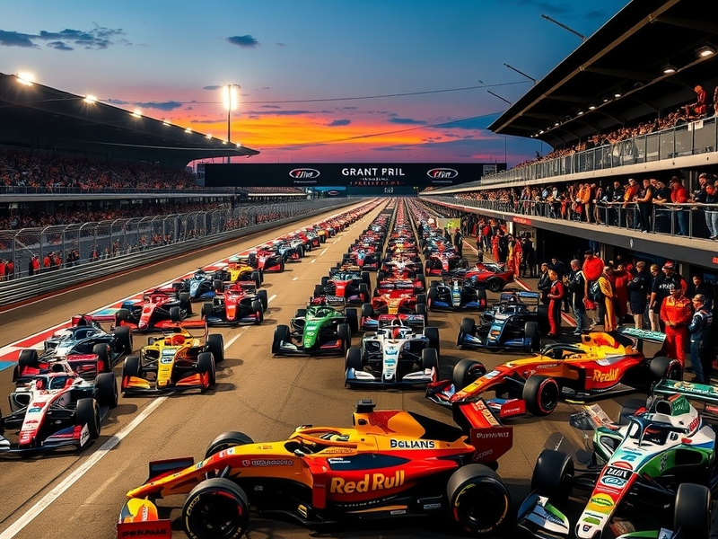 An action shot from the Circuit of the Americas during the 2026 US Grand Prix, showcasing colorful cars racing on the track w