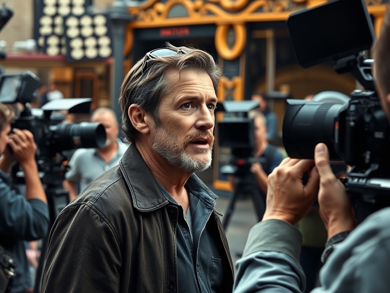 A dynamic image of Peter Berg on a film set, capturing him in action directing a scene, surrounded by crew members and equipm