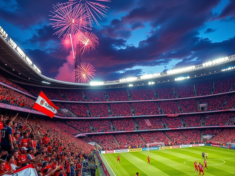 A vibrant image of Olympiacos fans cheering in Karaiskakis Stadium, showcasing team colors and passionate expressions during