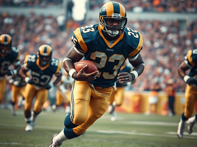 An action shot of Marshall Faulk in a St. Louis Rams uniform, showcasing his dynamic running style during a game, with the cr
