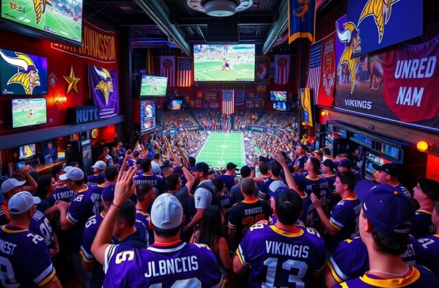 A vibrant image of a packed stadium during a Minnesota Vikings game, showcasing fans in team colors cheering enthusiastically