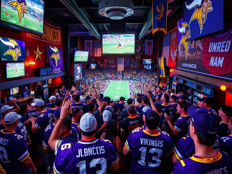 A vibrant image of a packed stadium during a Minnesota Vikings game, showcasing fans in team colors cheering enthusiastically