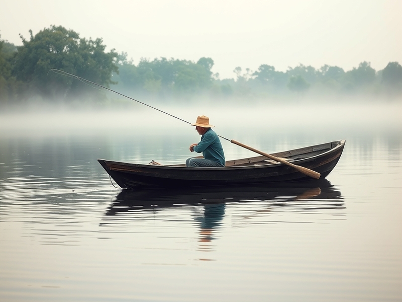A serene lakeside scene at sunrise, featuring a fisherman casting a line into calm waters, surrounded by lush greenery and so