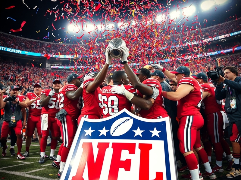 A dynamic image of an undefeated NFL team celebrating on the field, showcasing players in action with a vibrant stadium backd