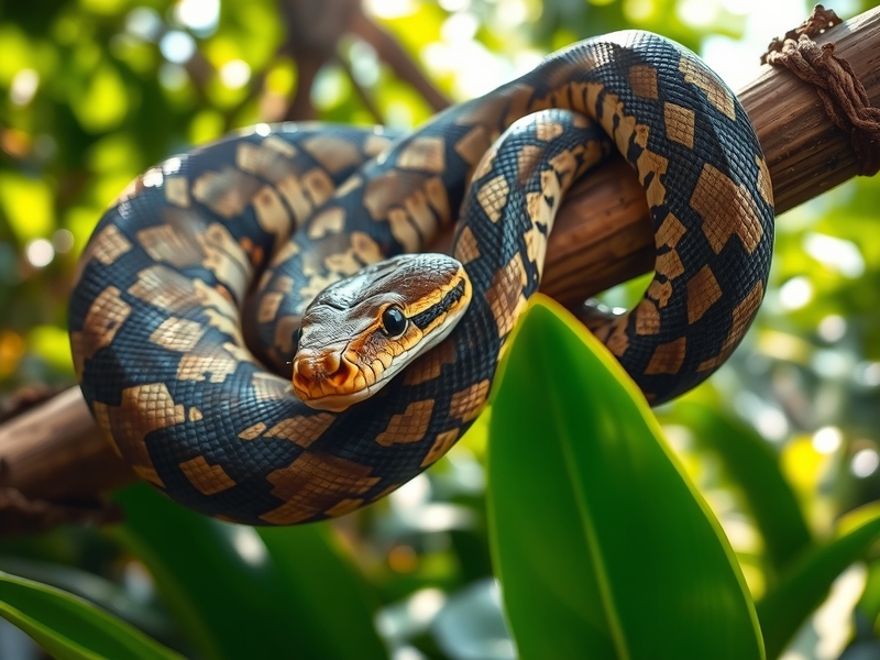 A close-up image of a reticulated python showcasing its intricate scale patterns and colors, set against a lush green backgro