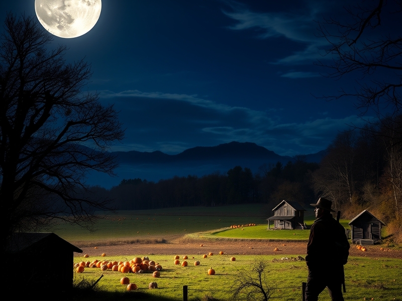 A vibrant full Hunter's Moon illuminating a dark sky, surrounded by silhouettes of autumn trees, with a hint of golden hues r