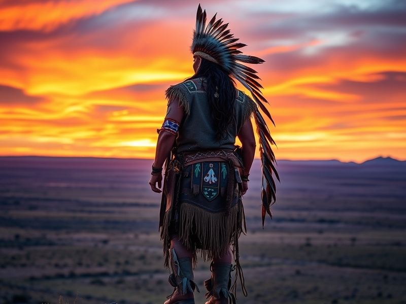 A vibrant depiction of Komanche cultural elements, showcasing traditional attire, beadwork, and a scenic Great Plains backdro