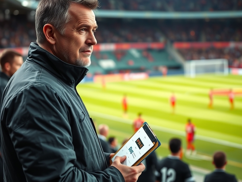 An action shot of Fabian Hürzeler on the sidelines during a match, focused and engaged, with the stadium in the background.
