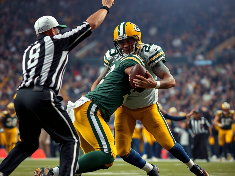 A dynamic image of a Packers game showing a quarterback in action, with defenders approaching, illustrating the tension surro