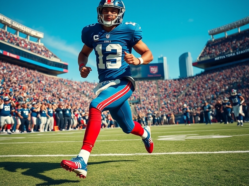 A dynamic action shot of JJ McCarthy in a New York Giants uniform, showcasing his agility and focus during a game.