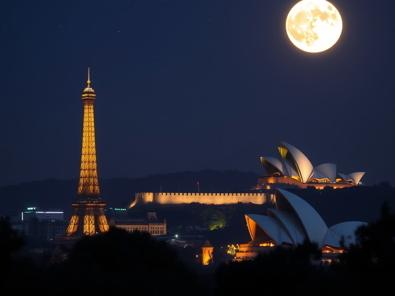 A stunning photograph of the October full moon rising over a serene landscape, with silhouettes of trees in the foreground an