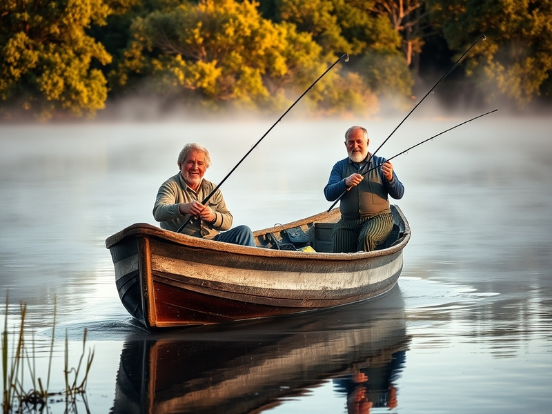 A serene fishing scene featuring Paul Whitehouse and Bob Mortimer by a tranquil river, surrounded by lush greenery, capturing