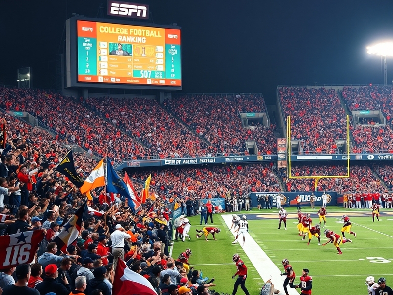A vibrant college football stadium filled with cheering fans, showcasing team colors and excitement during a game.