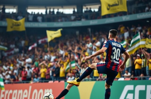 An action-packed scene from the match showing players in dynamic poses, with the stadium filled with passionate fans.