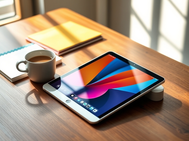 An image showcasing the iPad Mini 8 on a desk with a vibrant Liquid Retina display, surrounded by art supplies and a laptop,