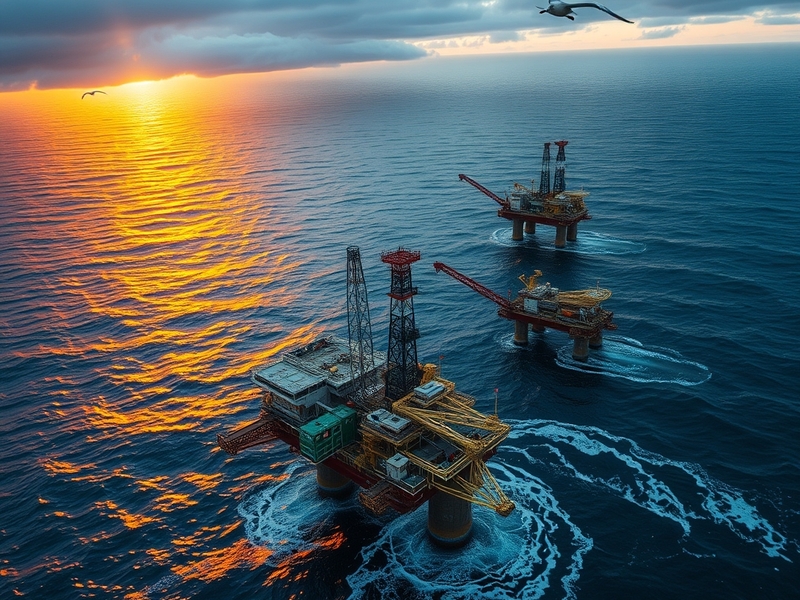 Aerial view of the Rosebank oil and gas field with offshore drilling rigs and surrounding ocean, showcasing the industrial ac