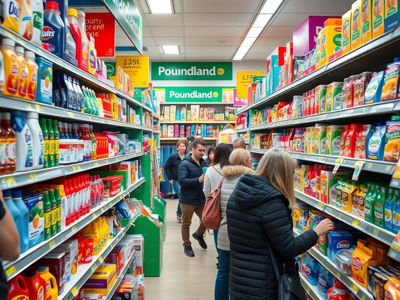 A vibrant image of a Poundland store interior, showcasing a variety of products on colorful shelves, bustling with shoppers.