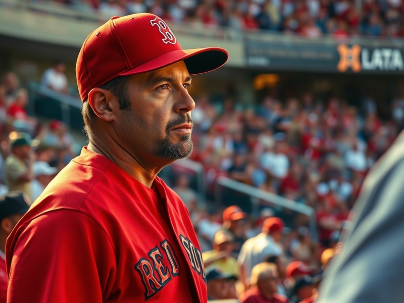 A dynamic image of Alex Cora in a Red Sox uniform, gesturing passionately during a game, with a backdrop of Fenway Park fille