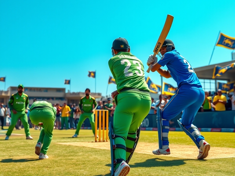 A dynamic image of a cricket match between Pakistan and Sri Lanka, showcasing players in action, the vibrant atmosphere of a