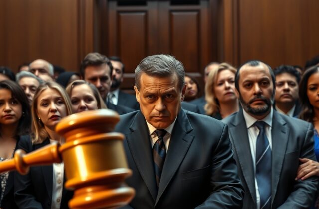 A courtroom scene illustrating the tension surrounding legal proceedings, with a focus on media presence and public interest.