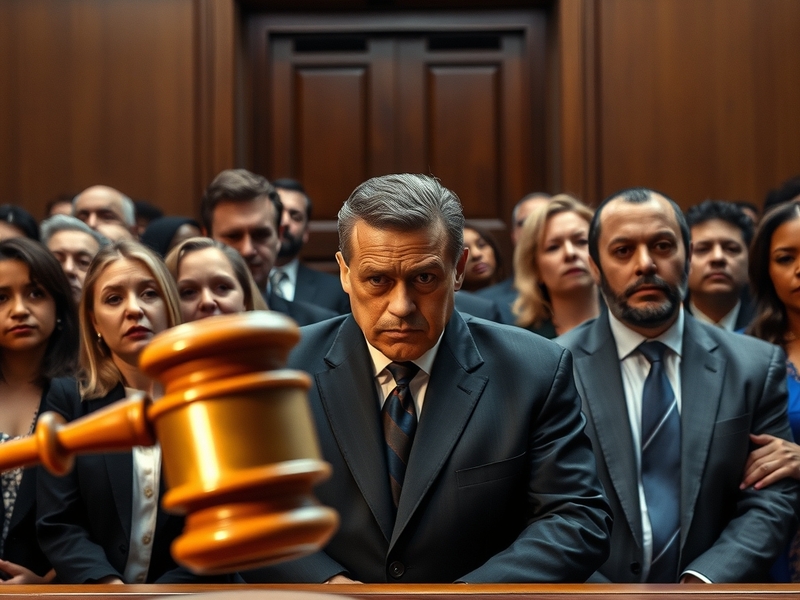 A courtroom scene illustrating the tension surrounding legal proceedings, with a focus on media presence and public interest.