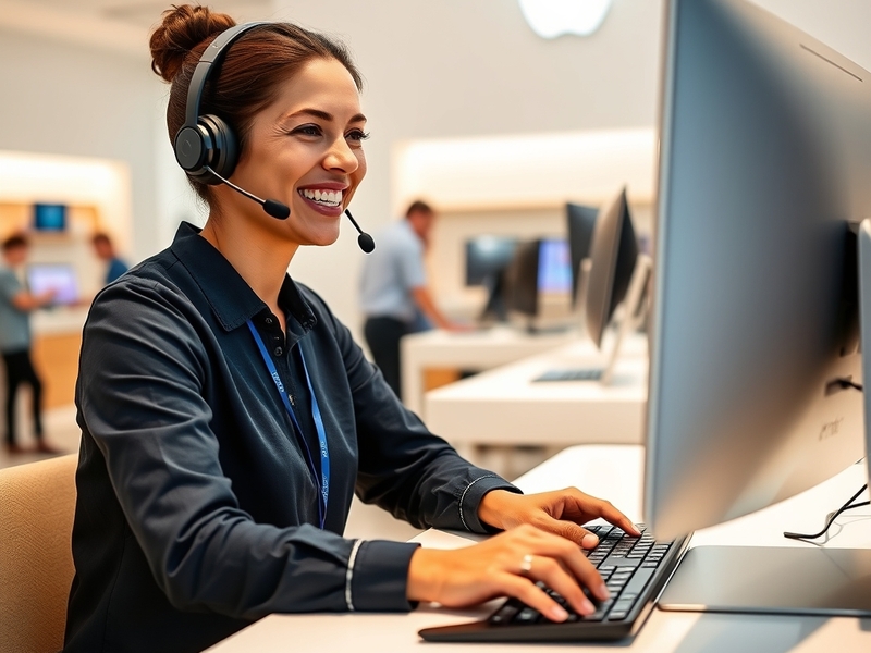 An image depicting a customer service representative assisting a customer over the phone, with Apple products visible in the