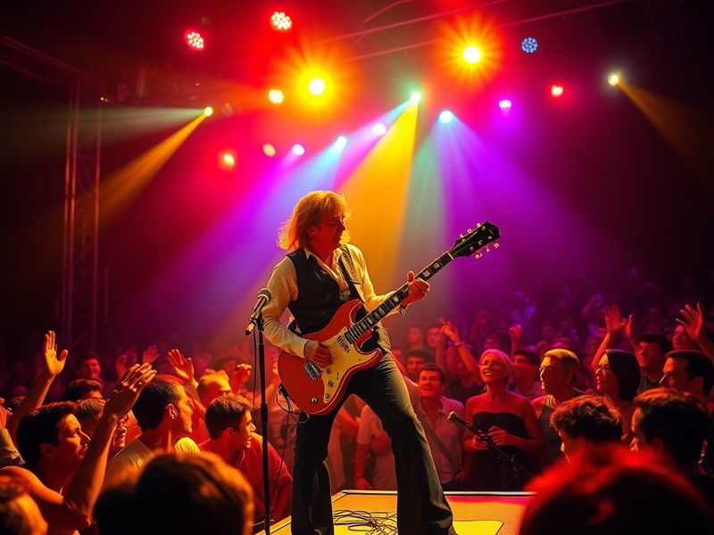 A vibrant concert scene featuring Donnie Iris performing on stage, with an enthusiastic crowd and colorful stage lights enhan
