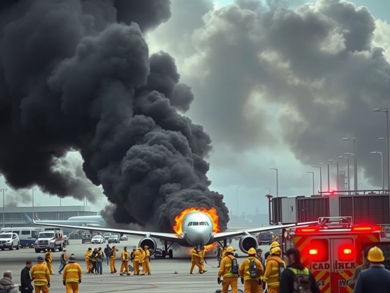 A dramatic image of firefighters responding to an airport fire, showcasing emergency vehicles and personnel in action at an a