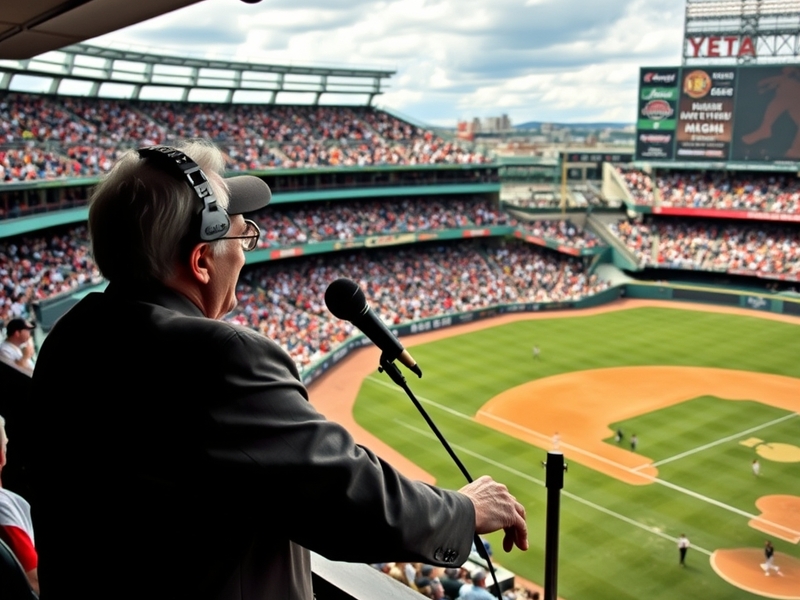 A candid photo of Bob Uecker in a broadcasting booth, microphone in hand, smiling, with a baseball game in the background.