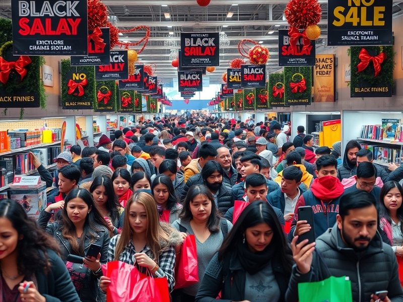 A bustling retail store during Black Friday, filled with shoppers, vibrant sale signs, and a festive atmosphere.